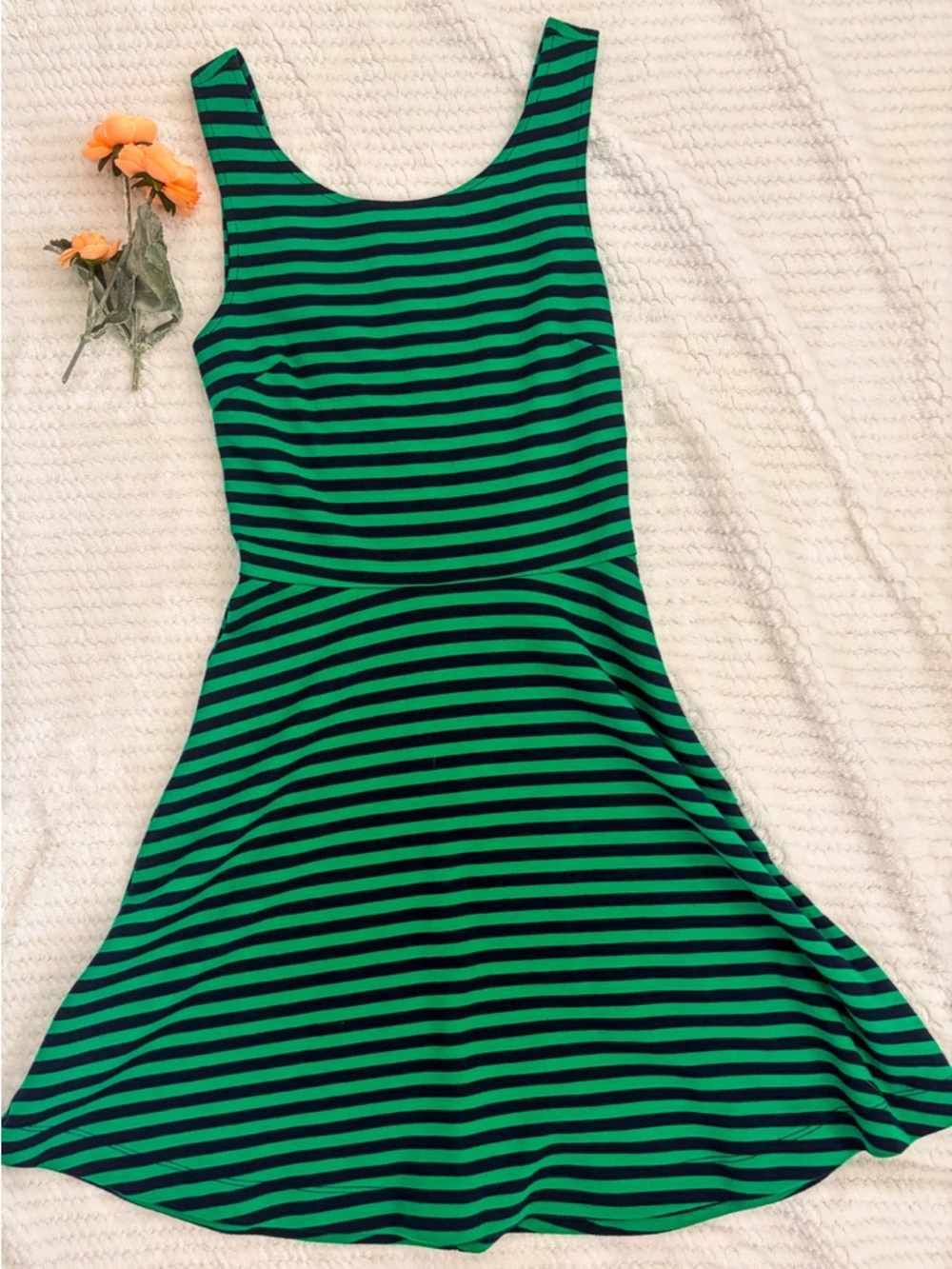 American Eagle Striped Fit & Flare Dress Navy and Green Criss-Cross Back Size 0